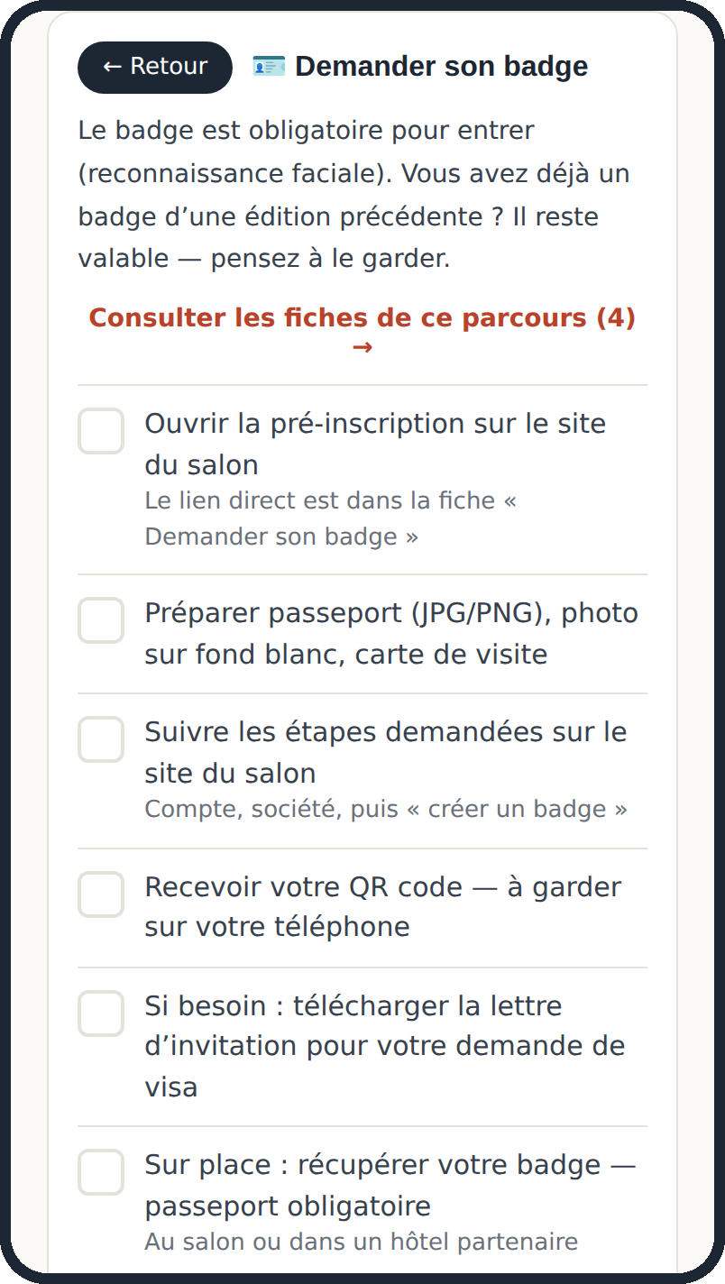 Le parcours badge, étape par étape, à cocher