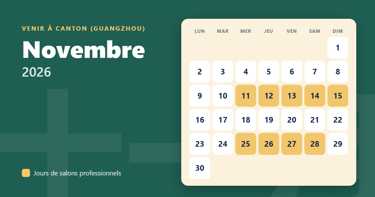 Calendrier de novembre 2026 avec les jours de salons professionnels à Canton (Guangzhou)